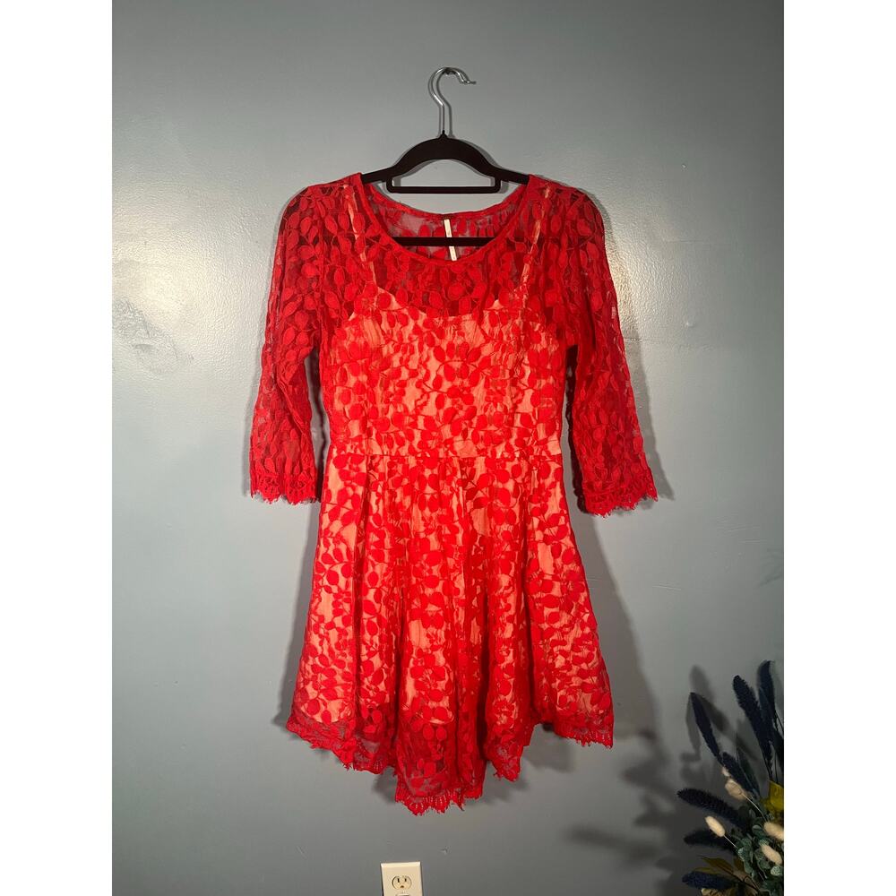 Free People Red Lace Fit & Flare Dress Women’s 12 Lined 3/4 Sleeve Holiday